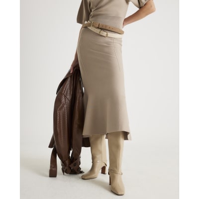 Beige Knit Flared Midi Skirt