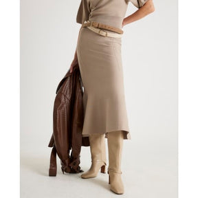 Beige Knit Flared Midi Skirt