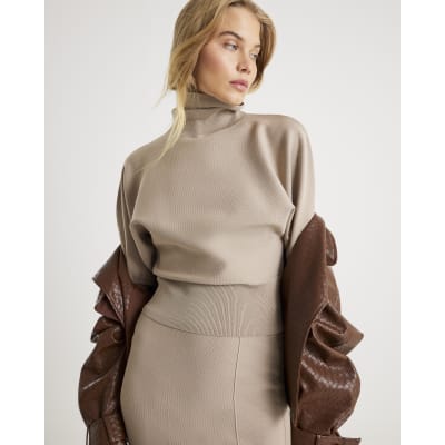 Beige Knit Puff Sleeve Top