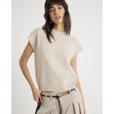 Beige Knitted Boxy Fit Tank Top