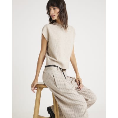 Beige Knitted Boxy Fit Tank Top