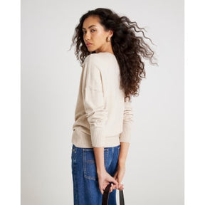 Beige Knitted High V Neck Jumper