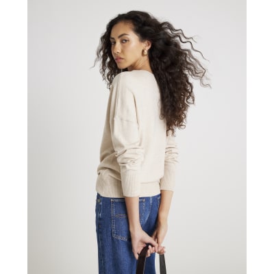 Beige Knitted High V Neck Jumper