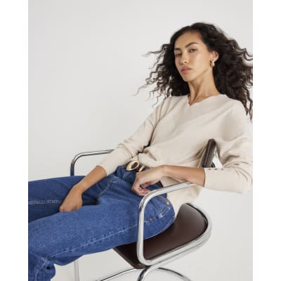 Beige Knitted High V Neck Jumper