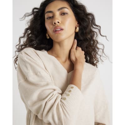 Beige Knitted High V Neck Jumper