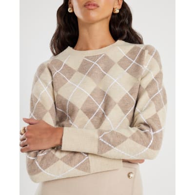Beige Knitted Long Sleeve Argyle Print Top