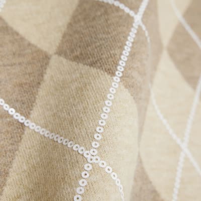 Beige Knitted Long Sleeve Argyle Print Top