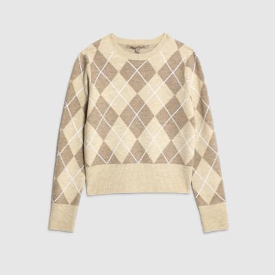 Beige Knitted Long Sleeve Argyle Print Top