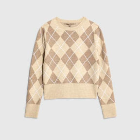 Beige Knitted Long Sleeve Argyle Print Top