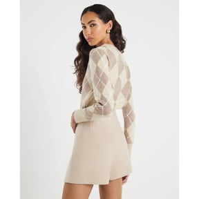 Beige Knitted Long Sleeve Argyle Print Top