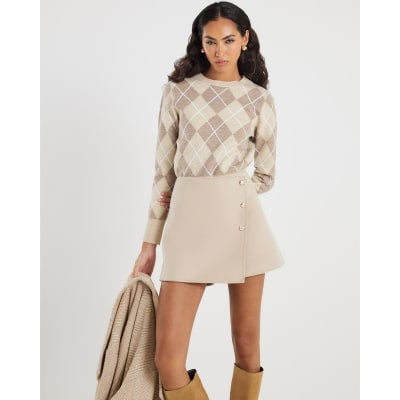 Beige Knitted Long Sleeve Argyle Print Top
