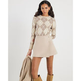 Beige Knitted Long Sleeve Argyle Print Top
