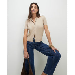 Beige Knitted Short Sleeve Polo Cardigan