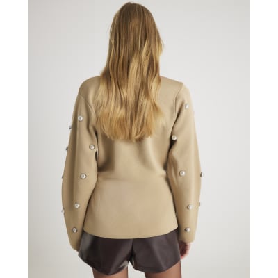 Beige Knitted Studded Cardigan