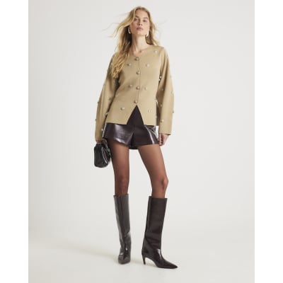 Beige Knitted Studded Cardigan