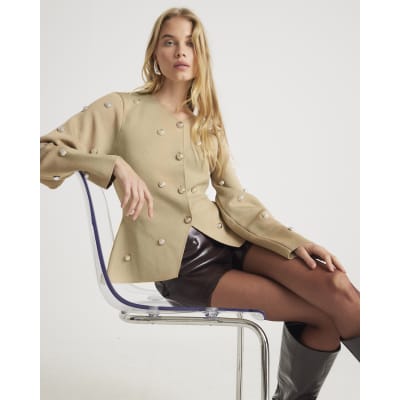 Beige Knitted Studded Cardigan