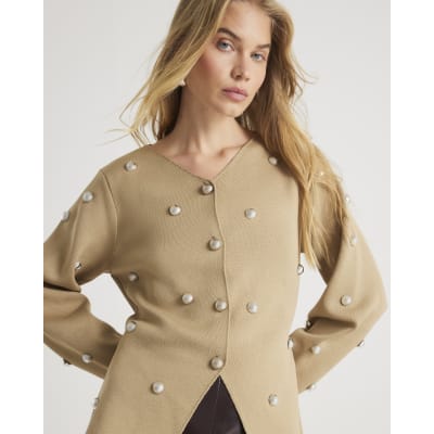 Beige Knitted Studded Cardigan