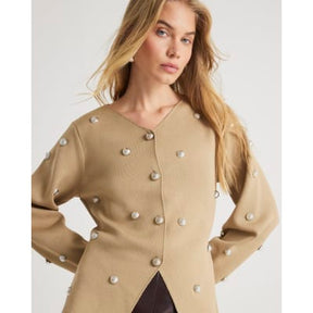 Beige Knitted Studded Cardigan