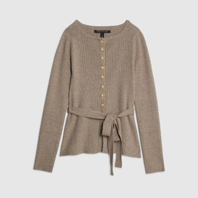 Beige Knitted Tie Waist Cardigan