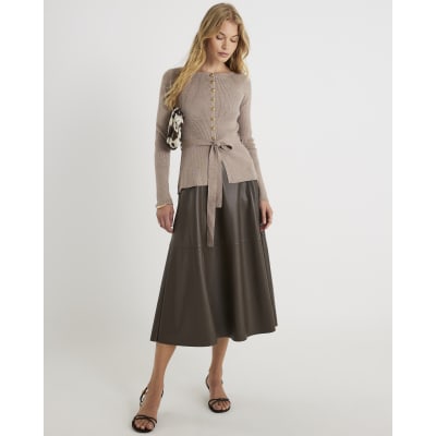 Beige Knitted Tie Waist Cardigan