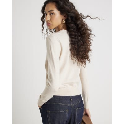 Beige Knitted V Neck Cardigan