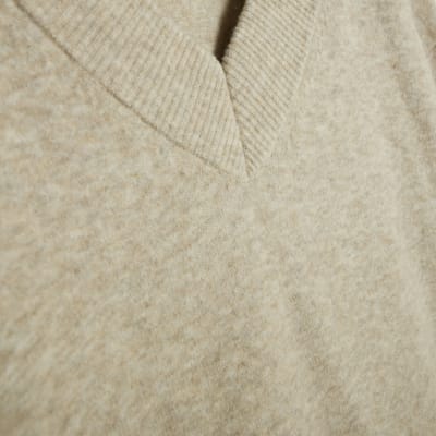 Beige Knitted V Neck Jumper