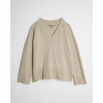 Beige Knitted V Neck Jumper