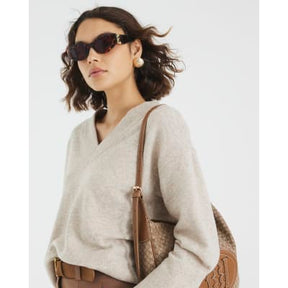 Beige Knitted V Neck Jumper
