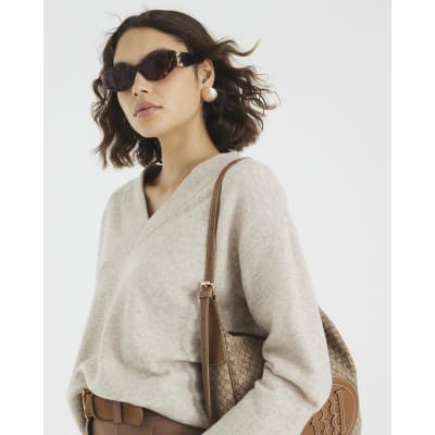 Beige Knitted V Neck Jumper
