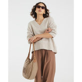 Beige Knitted V Neck Jumper