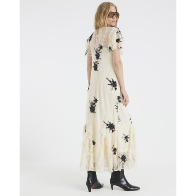 Beige Lace Embellished Maxi Dress