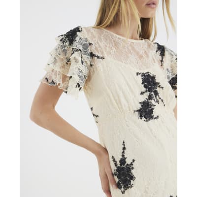 Beige Lace Embellished Maxi Dress