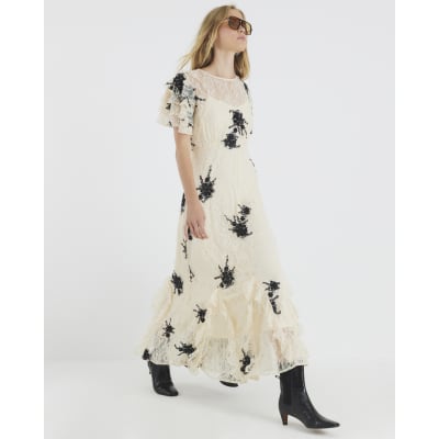 Beige Lace Embellished Maxi Dress