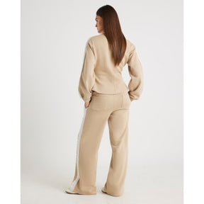 Beige Lace Trim Wide Leg Joggers