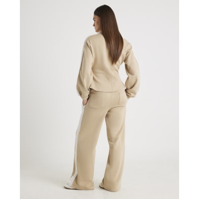 Beige Lace Trim Wide Leg Joggers