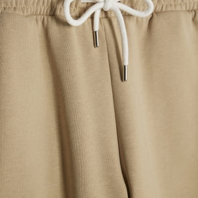 Beige Lace Trim Wide Leg Joggers