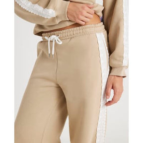 Beige Lace Trim Wide Leg Joggers