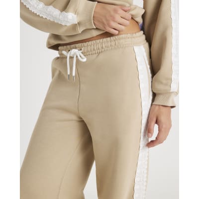 Beige Lace Trim Wide Leg Joggers