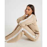 Beige Lace Trim Wide Leg Joggers