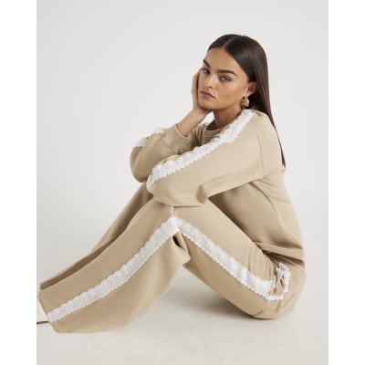 Beige Lace Trim Wide Leg Joggers