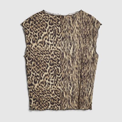 Beige Leopard Print Crinkle Plisse Top