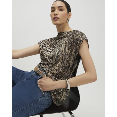 Beige Leopard Print Crinkle Plisse Top
