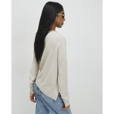 Beige Linen Blend Boat Neck Jumper