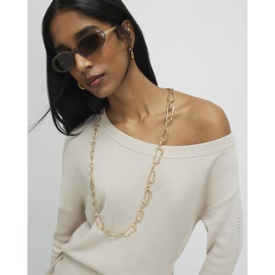 Beige Linen Blend Boat Neck Jumper