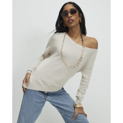 Beige Linen Blend Boat Neck Jumper