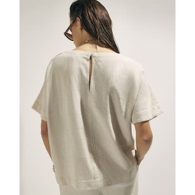 Beige Linen Blend Short Sleeve T-Shirt