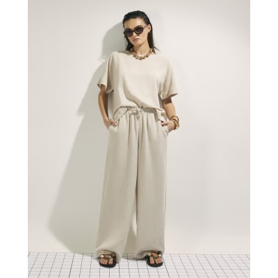 Beige Linen Blend Short Sleeve T-Shirt