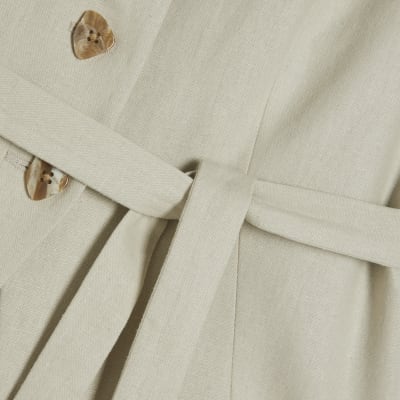 Beige Linen Blend Sleeveless Tie Waist Top