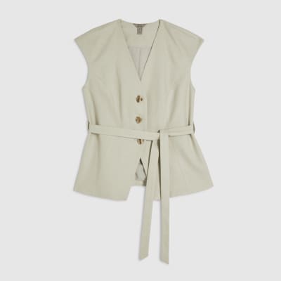 Beige Linen Blend Sleeveless Tie Waist Top