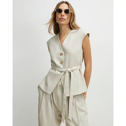 Beige Linen Blend Sleeveless Tie Waist Top